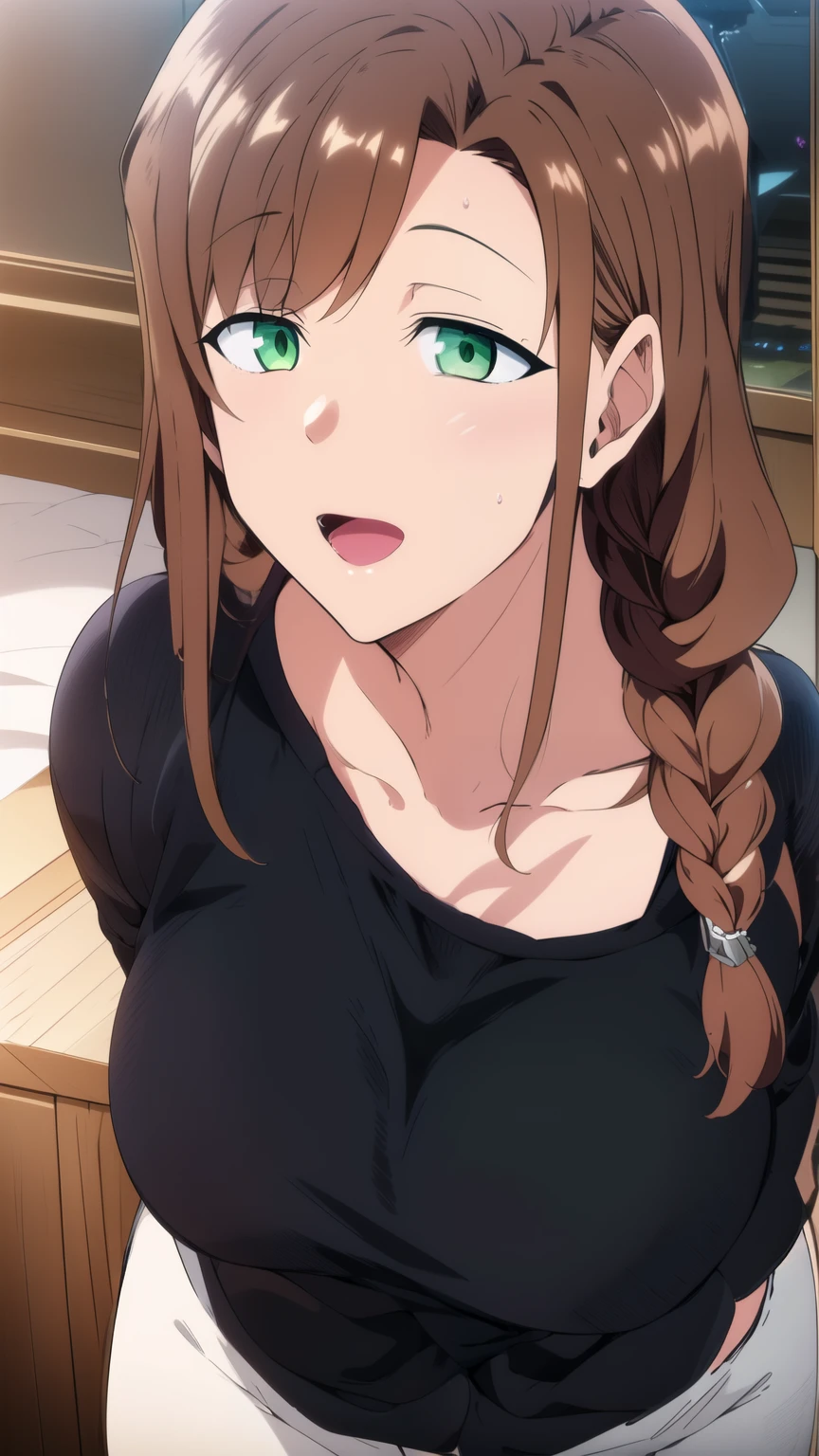 anime style, milf, ((black sweater)), mature female , brown hair, braid, [female, curvy, wide hips, thick thighs] , green eyes, front view, facing viewer , 2 locks of hair, black shirt, white pants, sweet expression, mature eyes, opened mouth, happy, (capturing the enchanting lighting of the sunset:1.1), Hyper-detailed, insane details, Beautifully color graded, Unreal Engine, DOF, Super-Resolution,Megapixel, Cinematic Lightning, Anti-Aliasing, FKAA, TXAA, RTX,SSAO,Post Processing, Post Production, Tone Mapping, CGI, VFX, SFX, Insanely detailed and intricate , Hyper maximalist, Hyper realistic, Volumetric, Photorealistic, ultra photoreal, ultra- detailed, intricate details,8K, Super detailed , Full color, Volumetric lightning, HDR, Realistic, Unreal Engine, 16K, Sharp focus. Octane render
