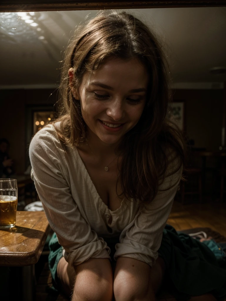Pub scene in natural colors: cozy space, soft lighting casting delicate shadows. A happy European pretty woman sits in the center, her messy French braid cascading down one side of her face. Her bright and contagious laugh radiates as she directly addresses the viewer. There's a glass of cold beer next to her.
