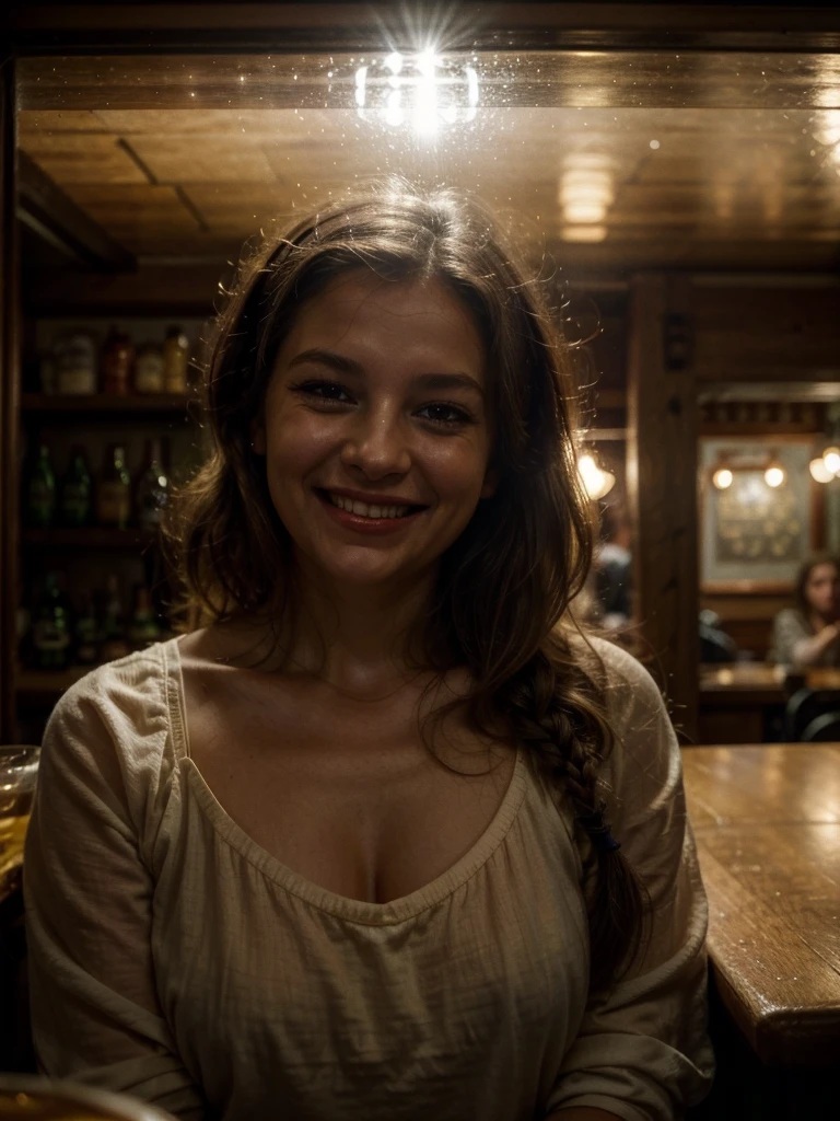 Pub scene in natural colors: cozy space, soft lighting casting delicate shadows. A happy European pretty woman sits in the center, her messy French braid cascading down one side of her face. Her bright and contagious laugh radiates as she directly addresses the viewer. There's a glass of cold beer next to her.