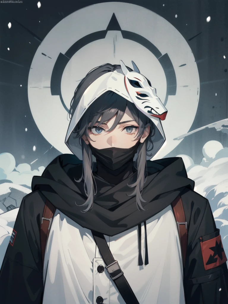 ((best quality)), ((masterpiece)), (detailed), ((man)), (boy), ((sniper)), (haircolor-ash gray), (black hood), ((mask up)), (lonley), ((chic)), (snow), (syberfunk)