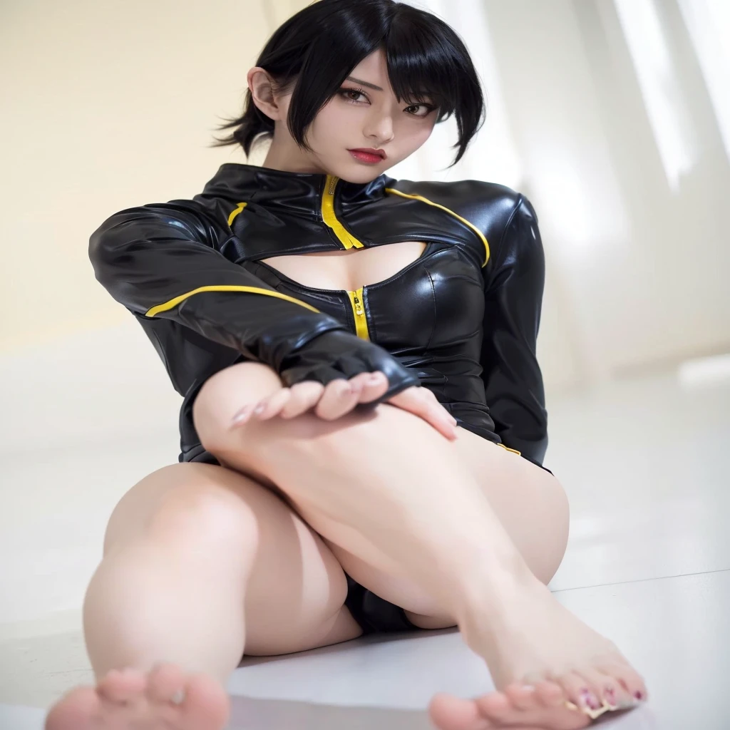 A woman in black leather clothes is sitting on the floor, Cassandra Cain in Satin, anime girl Cosplay, Faye Valentine, Cosplay, Fiora from League of Legends, Black and Yellow, wearing a black catsuit, Wearing Atsuko Kudo's latex costume, Cool pose, wonderful, 2b ..., Cosplay photo, 2b, full-Cosplay, With index finger
