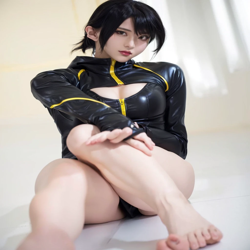 A woman in black leather clothes is sitting on the floor, Cassandra Cain in Satin, anime girl Cosplay, Faye Valentine, Cosplay, Fiora from League of Legends, Black and Yellow, wearing a black catsuit, Wearing Atsuko Kudo&#39;s latex costume, Cool pose, wonderful, 2b ..., Cosplay photo, 2b, full-Cosplay, With index finger