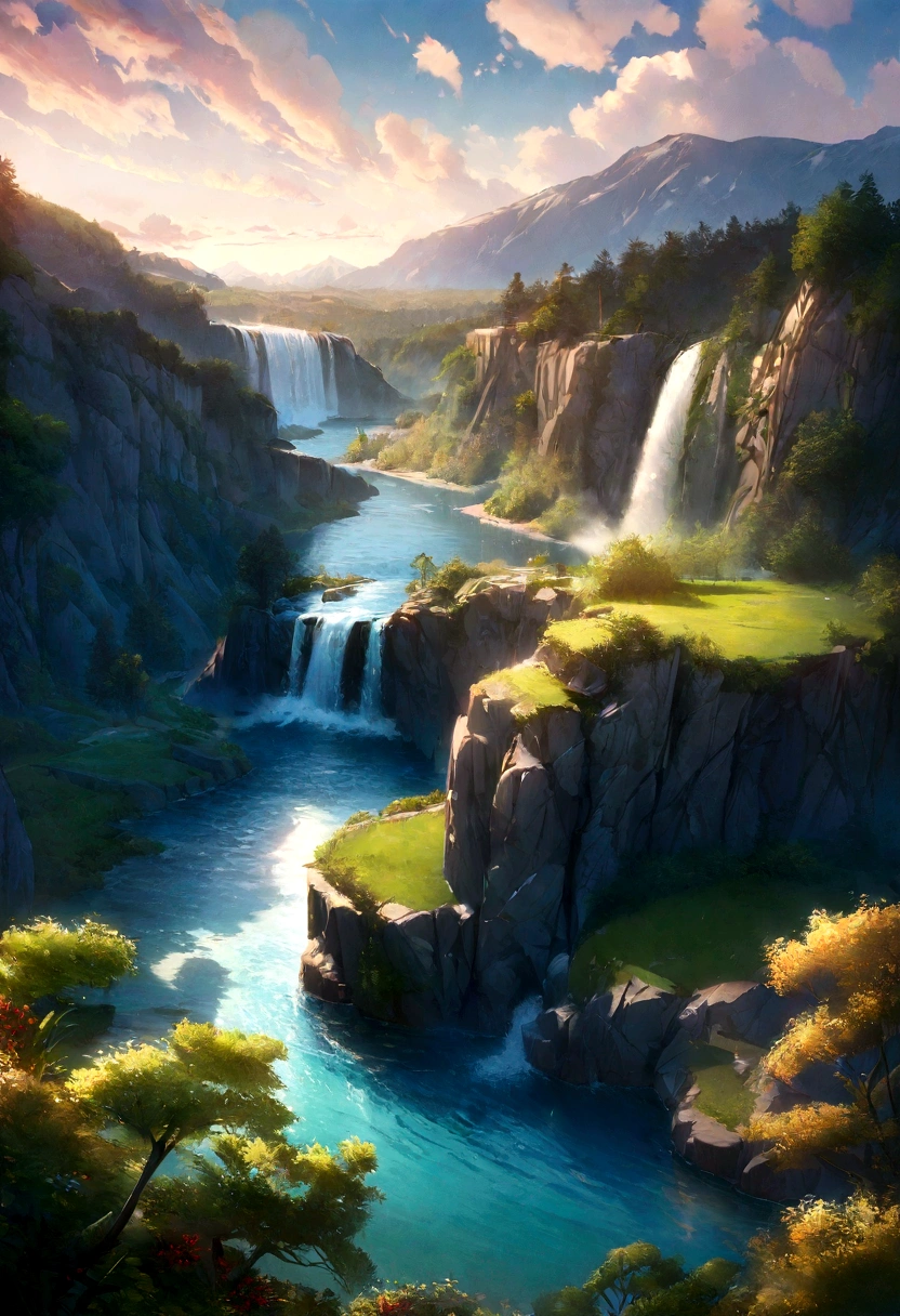 Masterpiece, best quality, high quality, extremely detailed CG unity 8k wallpaper, landscape, outdoor, sky, cloud, sky, no humans, mountain, landscape, water, tree, blue sky, waterfall, cliff, nature, lake, river , cloudy skies, award winning photography, bokeh, depth of field, HDR, bloom, chromatic aberration, photorealism, very detailed, trending on artstation, trending on CGsociety, intricate, high detail, dramatic, midjourney art