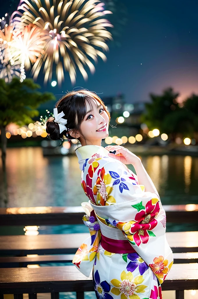 ((Highest quality, 8K, masterpiece: 1.3)),RAW Photos,Realistic atmosphere,Lens flare, Ray Tracing,(Detailed beautiful white skin:1.3),Beautiful Japanese, High-resolution face,Bun Hair,Red and gold hair ornament,(Watching the fireworks wearing a floral yukata:1.2),Huge fireworks,(White yukata with sleeves:1.2),((Ribbon-type obi:1.3)),((Looking back with an innocent smile:1.3)),Blurred grand fireworks,(Many colorful fireworks:1.2)Star Mine,Fireworks across the sky,Large fireworks,Huge fireworks