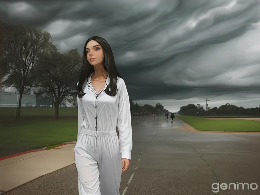 wide angle full body shot of a beautiful slim latina girl with long dark hair wearing white headphones and white pijamas walking in an stormy day on a completely empty city, looking up happy