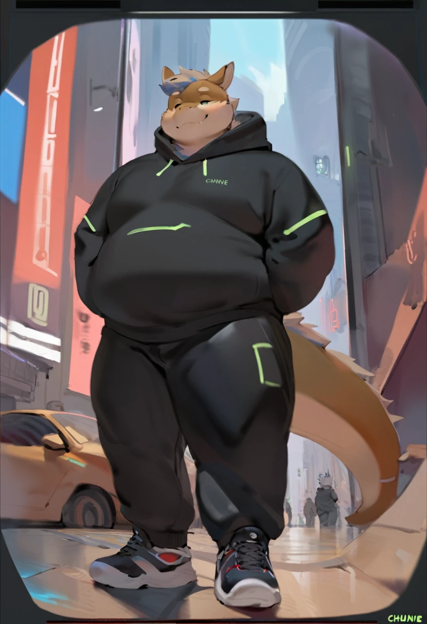 Dragon, male, adult, furry, anthro, fat, chubby, plump, cyberpunk fashion style, wearing black Hoodie, Long trousers, sneakers, out camera view, detailed background, colour full, In the middle of the city, Modern era, three point perspective, by quanjiang ,by chunie