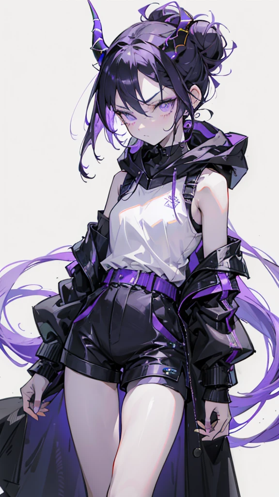 boy. thoughtful look. open forehead. black and purple hair tied in a bun on the left side to one side. sinuous black horns wrapped in dark purple ribbon. pale violet eyes. in short dark purple shorts. long white T-shirt. dark purple knee-high socks. dark purple long cloak with hood. view from the 100th floor of a cozy room in gray shades moon starry sky RGB100%