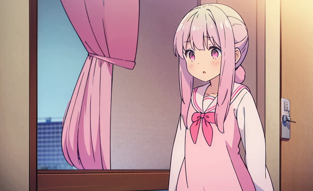 long light blue fur,deep red pink eyes,Hair up with two pink scrunchies.,Short double ponytail,Qi bangs,There are two long hair curtains on both sides.,Wearing a white sailor uniform.,Short skirt,Raise your bangs with hairpins,The sleeves are long,Fresh environment,warm color palette,The eyes have God.,to emphasize,Masterpiece,blush blush,expressionless face,open your mouth a little