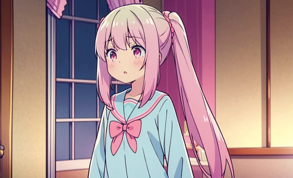 long light blue fur，deep red pink eyes，Hair up with two pink scrunchies.，Short double ponytail，Qi bangs，There are two long hair curtains on both sides.，Wearing a white sailor uniform.，Short skirt，Raise your bangs with hairpins，The sleeves are long，Fresh environment，warm color palette，The eyes have God.，to emphasize，Masterpiece，blush blush，expressionless face，open your mouth a little