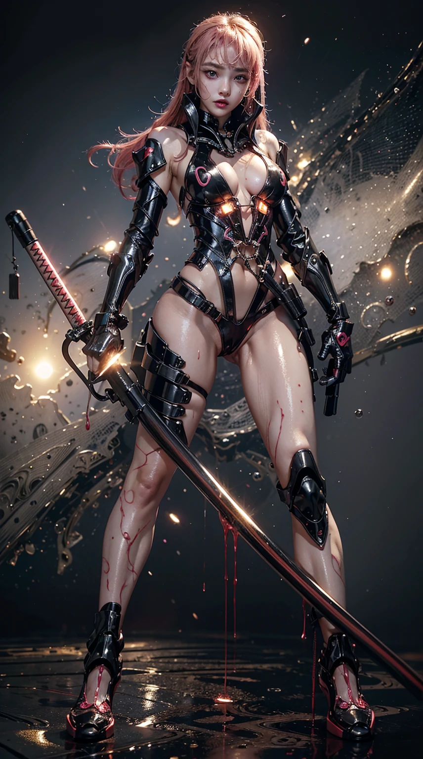 Highest quality、Surreal、Perfect Anatomy、In the middle of a crowded arena、Surrounded by spectators、Crowd、Wet and shiny white skin、Sweat dripping all over the body、Slender model figure、Ahegao、Golden and pink hair、soaked、Super small face、Collars and Leads、Cyberpunk Girl、photo shoot、Black Japanese sword、Black micro bikini、latex、Heart decoration、Cleavage、Dripping blood、Intricate, luminous mechanical parts、