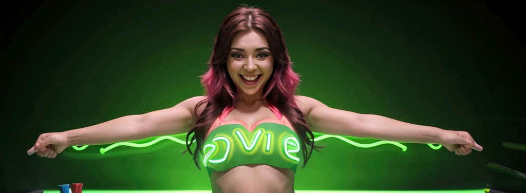 Create a happy woman celebrating that I win some money in a betting game neon green background