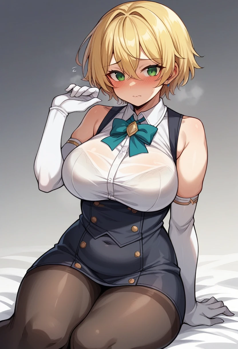 （One girl）、(short hair)、(sidelock)、((Blonde))、Schwarzgran、((boyish))、(Big Breasts)、Chubby、beautiful girl、[Big thighs]、Green Eyes、(Healer)、Black Vest、black leggings、White sleeveless、hairs between eyes、(long gloves)、Embarrassed、((see-through))
