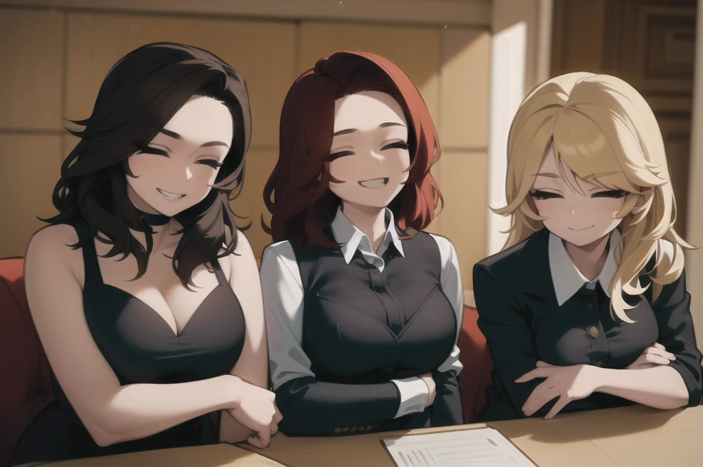 three sexy women who are wives of boy, looking at camera, closed eyes, opened mouths, portrait, kindergarten teachers outfits