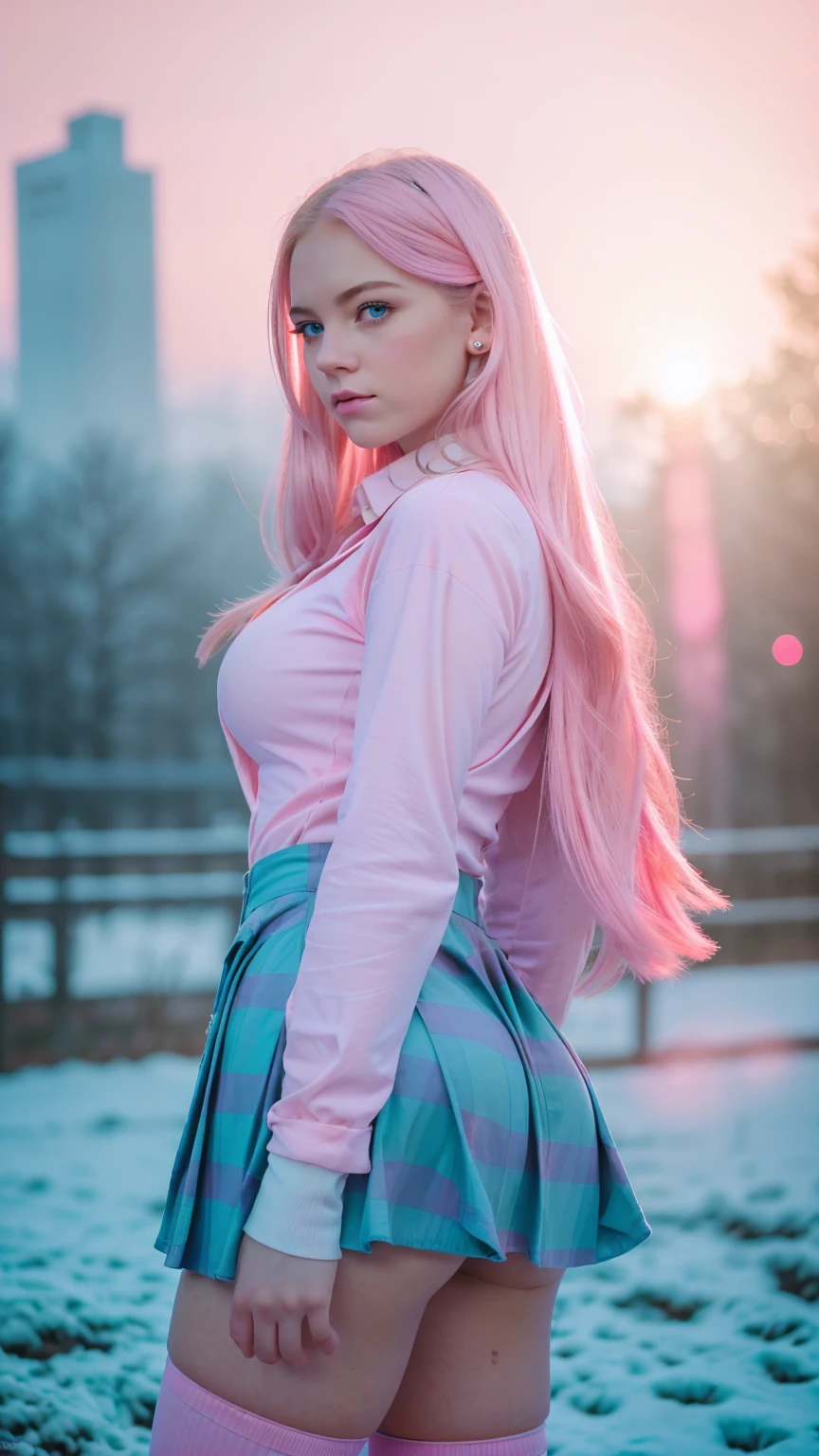 Analog photography featuring a melancholic American adult model (Ivy Snow) amidst the shadows of a dimlit mountain at night, blonde curvy-girl (18yo, Smokey eyes, very pale skin(PORCELAIN SKIN), large breasts, tightened thighs, huge ass, Chubby blonde-girl)-Bold pink-lips, Pout face expression. Her bright blue-eyes(piercing through the darkness). Ivy Snow channels a playful innocence in a classic uniform with a plaid skirt, white blouse, and knee-high socks, set against a classroom backdrop. Standing all in CANDID poses, with her hands holding a plastic-bag. The photograph captures the cold and foggy of the night(with its Sad atmosphere and the sense that something oppressive is about to unfold). A subtle haze and a soft focus on the background enhance the quality of the image, (backlighting), Horror movie effects, The natural light casts long shadows, accentuating the desaturated colors and oppressive & frost atmosphere of this vintage-photography-style image. A 70mm grainy film captures the scene, with a bokeh effect softening the focus, -enhancing the overall composition.(((in a pink/teal colors palette theme))), Dutch Angle/Tilt: The camera is tilted to create a sense of disorientation or artistic tension. (((in a NEON pink/INDIGO colors palette theme)))