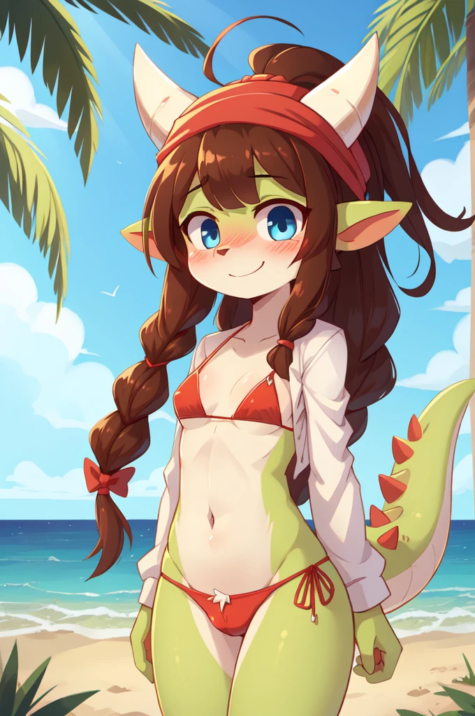 score_9,score_8_up,score_7_up, source_cartoon, source_furry, dragon girl, dragon tail, white dragon horns, brown hair, spiky bangs, long dreadlocks ponytail, dreadlocks side hair, blush, looking at viewer, smile, animal nose, 1girl, pointy ears, furry female, two tone body fur, lime body fur, clear lime body fur, medium breasts, ((red headscarf on head, white shirt, open clothes, dark red fringed triangle bikini)), beach, clear sky, blue eyes, blush, shy, navel, femboy, uperbody, standing, skinny,