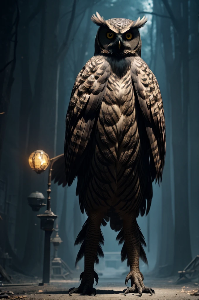 Creature with humanoid shape, enormous height, owl-like appearance