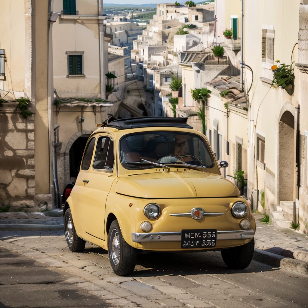 (FIAT500, classical old Italian Fiat 500 car, sassi_di_matera), Lupin III drives the yellow Fiat 500 through the alleys of the Sassi of Matera. Photorealistic shot giving the motion blur of speed. In background Sassi of Matera landscape. blurred foreground.