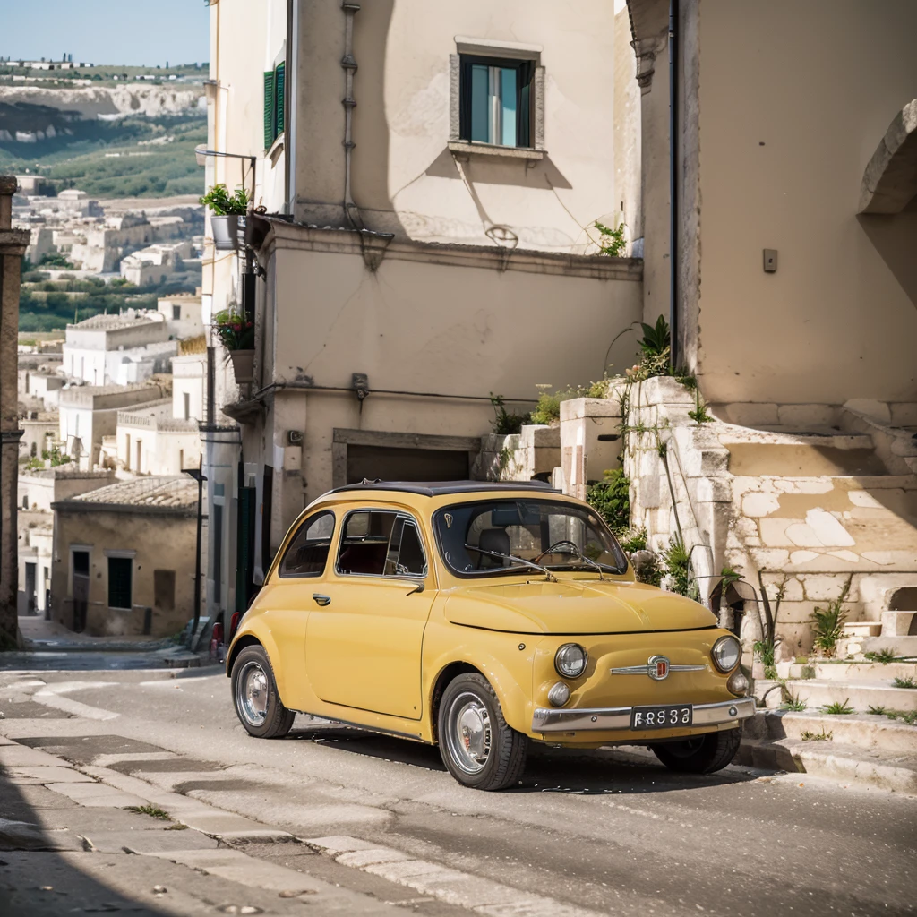 (FIAT500, classical old Italian Fiat 500 car, sassi_di_matera), Lupin III drives the yellow Fiat 500 through the alleys of the Sassi of Matera. Photorealistic shot giving the motion blur of speed. In background Sassi of Matera landscape. blurred foreground.