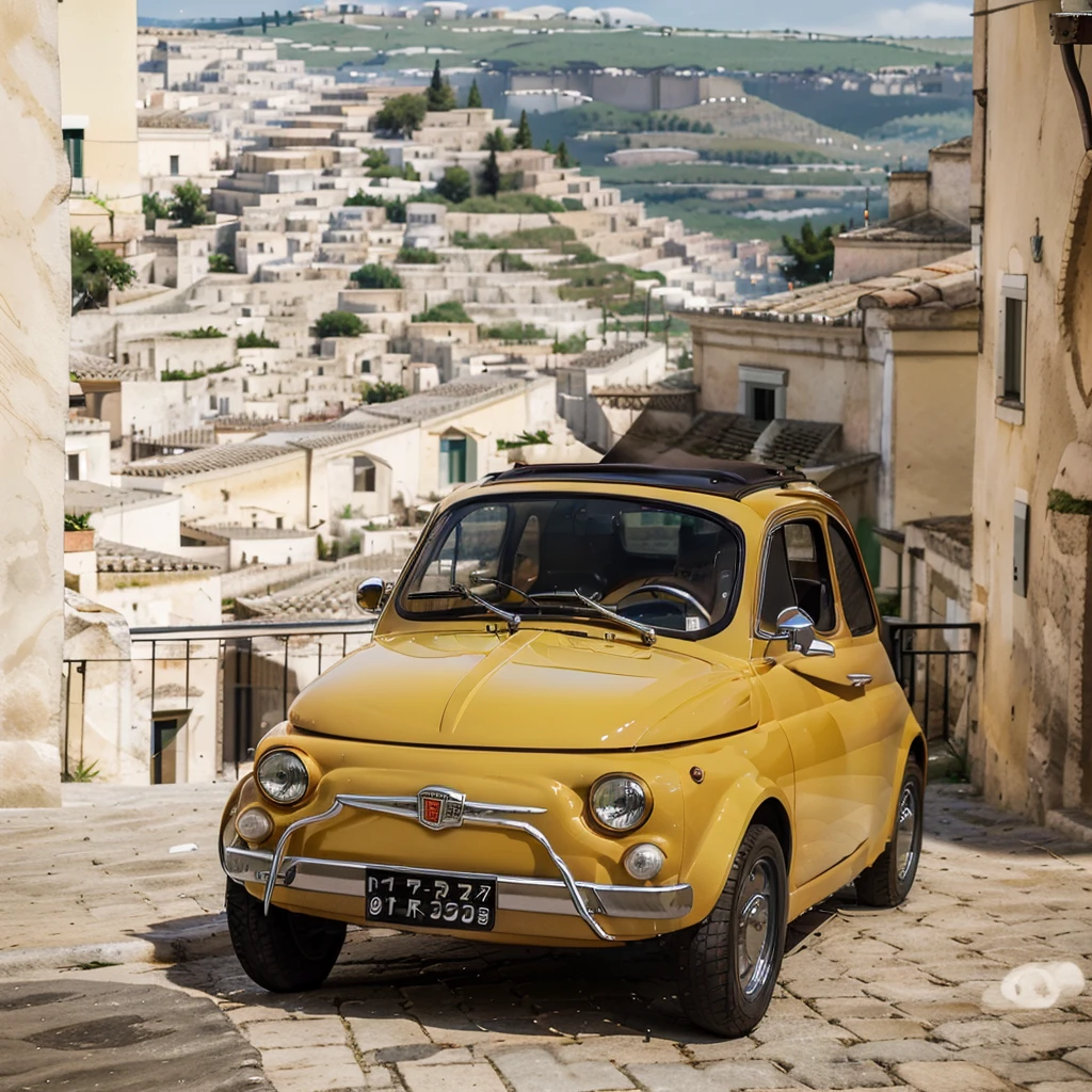 (FIAT500, classical old Italian Fiat 500 car, sassi_di_matera), Lupin III drives the yellow Fiat 500 through the alleys of the Sassi of Matera. Photorealistic shot giving the motion blur of speed. In background Sassi of Matera landscape. blurred foreground.