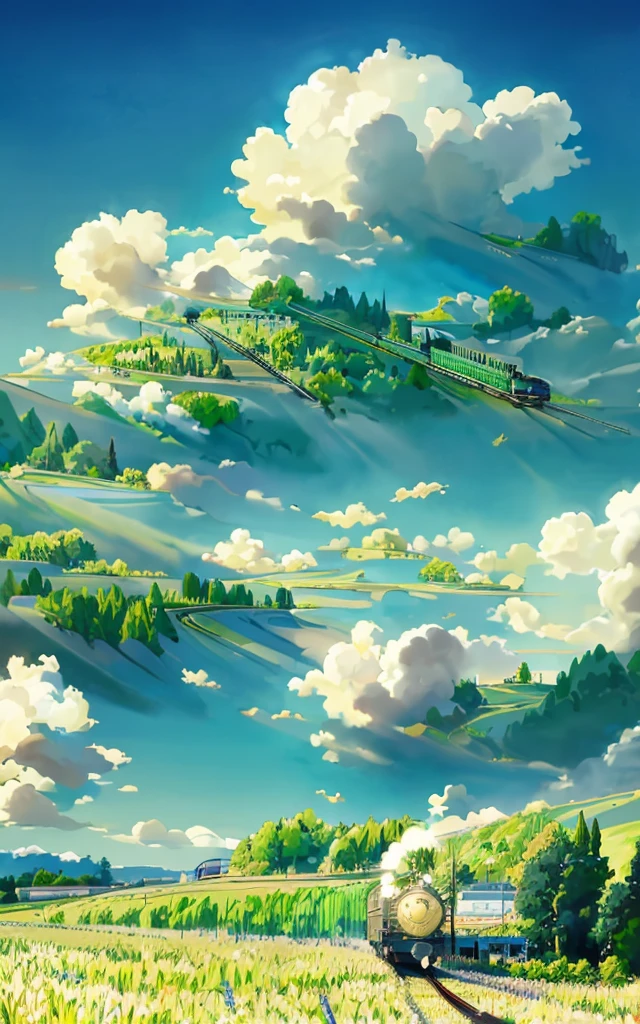there is a train that is going down the tracks in the field, anime countryside landscape, made of tree and fantasy valley, scenery art detailed, beautifull puffy clouds. anime, detailed scenery —width 672, anime landscape wallpaper, anime landscape, studio ghibli landscape, 4k highly detailed digital art, amazing wallpaper, ross tran. scenic background, dreamy landscape