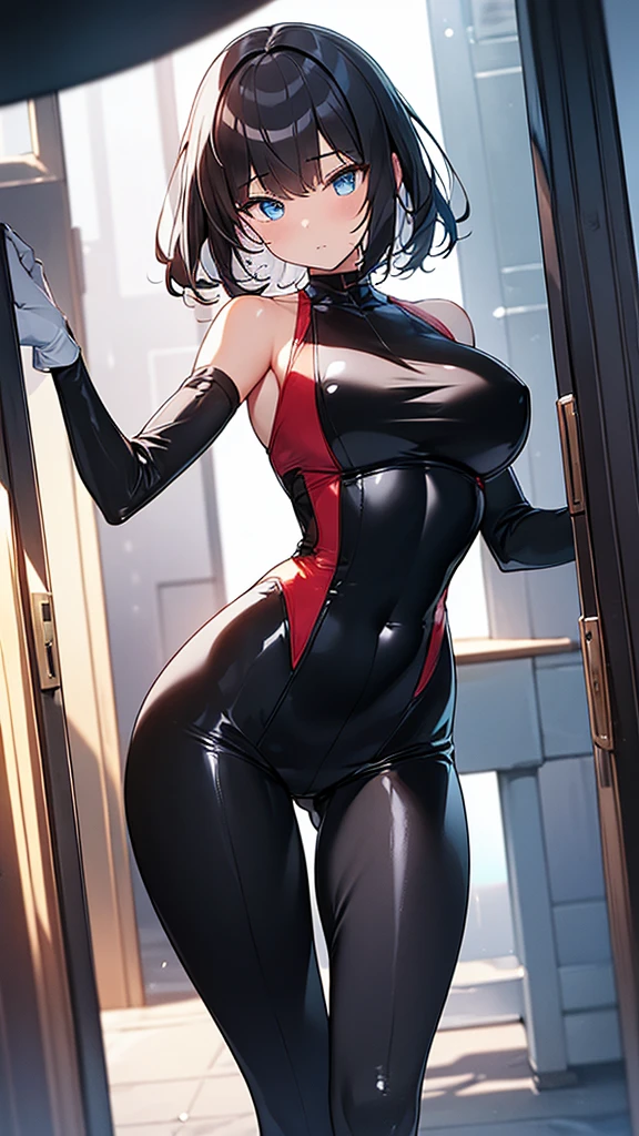 (Highly detailed CG Unity 32k wallpaper,masterpiece, Biological, whole body),(Best lighting, Best Shadow, Very delicate and beautiful),(One girl),blue eyes, Big Breasts,Bouncing chest, Black Hair,Bobcut,Red and black and White off-the-shoulder revealing high-cut SF bodysuit,One-piece swimsuit-style clothing,Clothes that emphasize the chest,Neck Seal,High-tech sci-fi corridor, Dynamic pose, Detailed Machinery, Sleek design.,My crotch is wet, {{An extraterrestrial lifeform preys on girls and takes their place、Her breasts are bigger than a real girl&#39;s、Suitable for the mother}}, Unknown sensation, Feels good, Vigorous movement, more, instinct, Female fall, Bouncing chest, loose, loose, Next to a real girl skeleton, ((((Intense vaginal sex with a man:1.5)))), NSFW