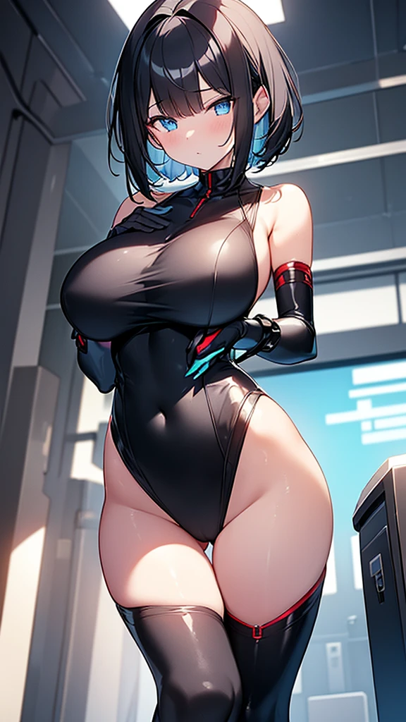 (Highly detailed CG Unity 32k wallpaper,masterpiece, Biological, whole body),(Best lighting, Best Shadow, Very delicate and beautiful),(One girl),blue eyes, Big Breasts,Bouncing chest, Black Hair,Bobcut,Red and black and White off-the-shoulder revealing high-cut SF bodysuit,One-piece swimsuit-style clothing,Clothes that emphasize the chest,Neck Seal,High-tech sci-fi corridor, Dynamic pose, Detailed Machinery, Sleek design.,My crotch is wet, {{An extraterrestrial lifeform preys on girls and takes their place、Her breasts are bigger than a real girl's、Suitable for the mother}}, Unknown sensation, Feels good, Vigorous movement, more, instinct, Female fall, Bouncing chest, loose, loose, Next to a real girl skeleton, ((((Intense vaginal sex with a man:1.5)))), NSFW