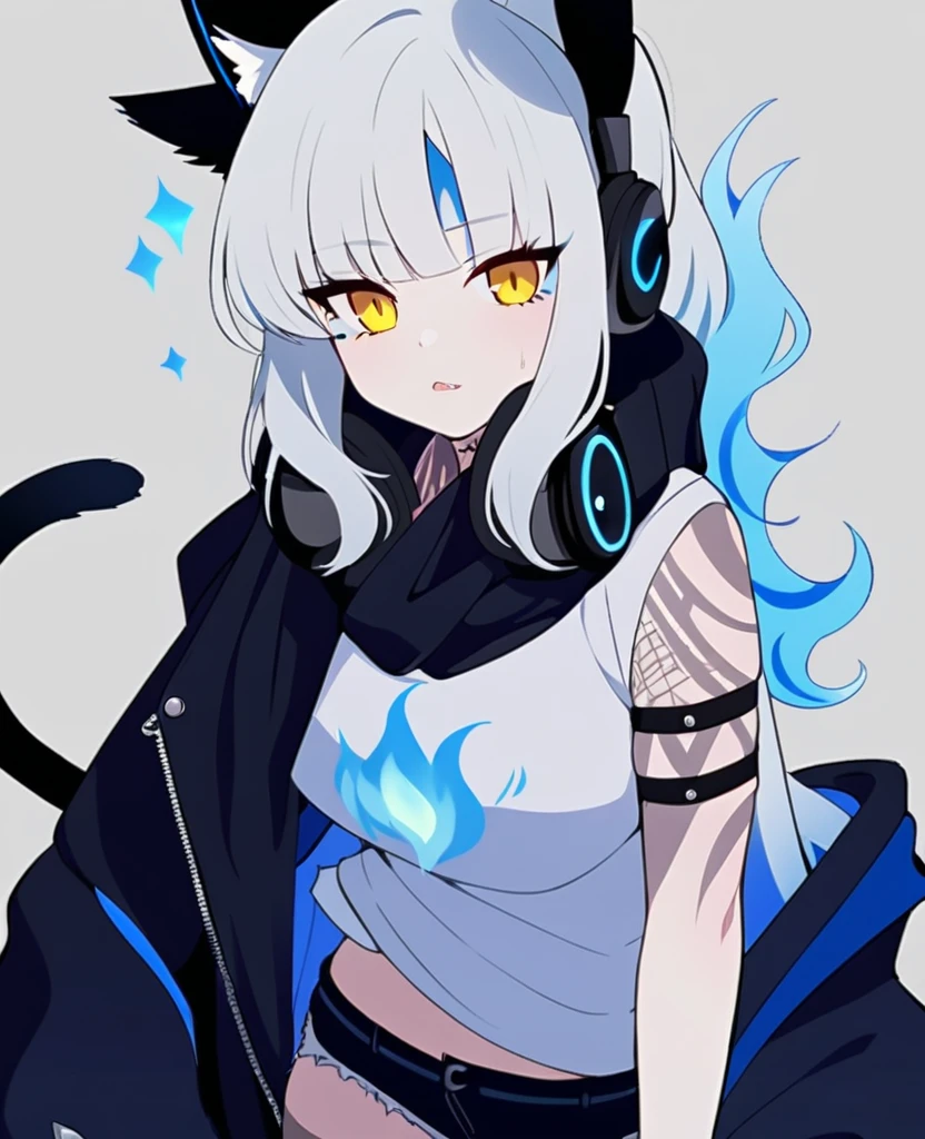 Make me a VTuber design. A girl with a mature body. {Short white hair that has blue fire on the ends of them.} {Cat ears with blue fire in the middle of them instead of fluff.} {A cat tail with blue fire at the end.} Yellow eyes with, scars on her body. {A goth/rockstar wearing shorts like outfit that’s blue and black with headphones that match, draped around her neck.} Fire tattoos. Blue fire cat DJ/Singer. One person only, {blue fire only}.