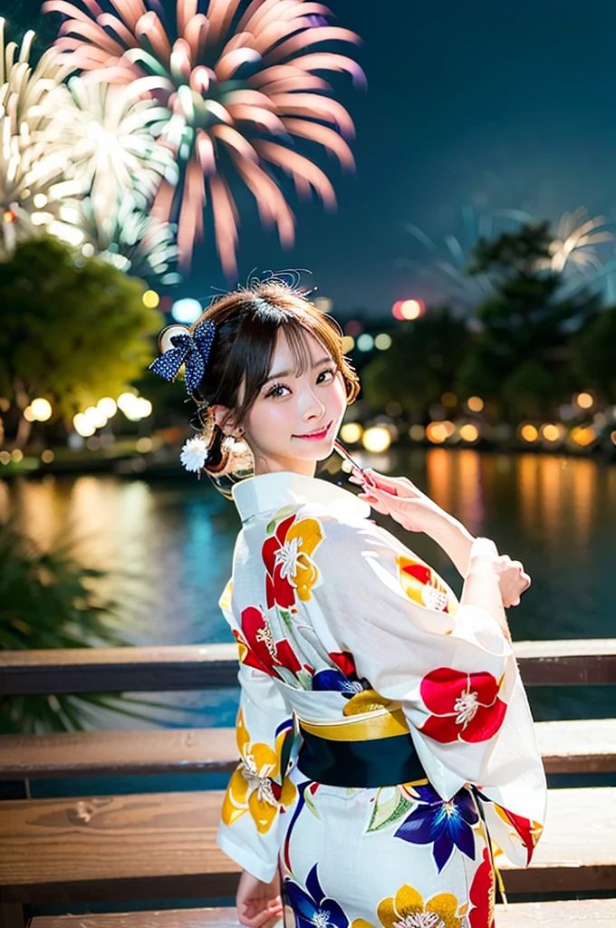 ((Highest quality, 8K, masterpiece: 1.3)),RAW Photos,Realistic atmosphere,Lens flare, Ray Tracing,(Detailed beautiful white skin:1.3),Beautiful Japanese, High-resolution face,Bun Hair,Red and gold hair ornament,(Watching the fireworks wearing a floral yukata:1.2),Huge fireworks,(White yukata with sleeves:1.2),((Ribbon-type obi:1.3)),((Looking back with an innocent smile:1.3)),Blurred grand fireworks,(Many colorful fireworks:1.2)Star Mine,Fireworks across the sky,Large fireworks,Huge fireworks