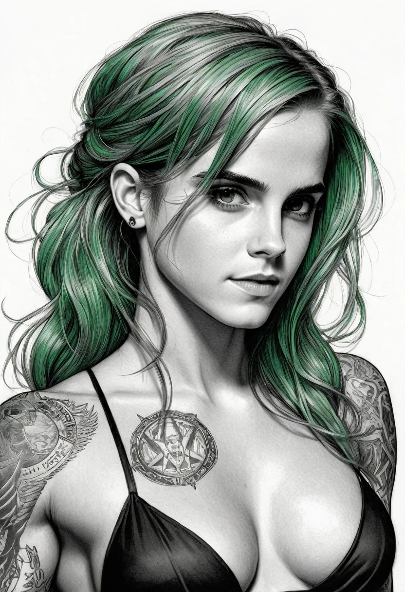 comic Emma Watson, beautiful woman, very feminine and delicate, with long green hair, seductive appearance, bodybuilder with tattoos, black background, graphite drawing art style, subtle tones, delicate shading, precise detailing, fine textures, expressive lines, intricate compositions, timeless elegance, professional-grade finish, immersive depth, classic aesthetic, Bikini fashion style, bikini, reflects a sense of freedom and liberation, Poster design style, poster art, visually striking and informative poster, professional-grade execution, poster graphic design . graphic illustration, comic art, graphic novel art, vibrant, highly detailed