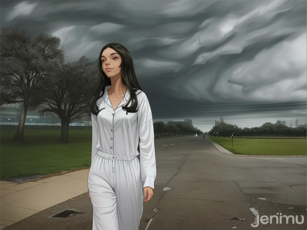 wide angle full body shot of a beautiful slim latina girl with long dark hair wearing white headphones and white pijamas walking in an stormy day on a completely empty city, looking up happy