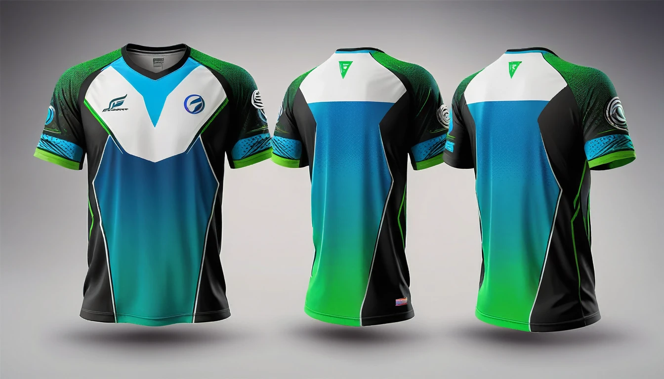 a blue and green jersey with a futuristic design, racing, e-sport style, no jersey, sport clothing, wearing a volleyball jersey, sports clothing, black jersey, shirt design, t shirt design, e-sports logo vector, esports, realistic clothing, tshirt design, t - shirt design, t-shirt design, gaming, professional sports style, sport t-shirt