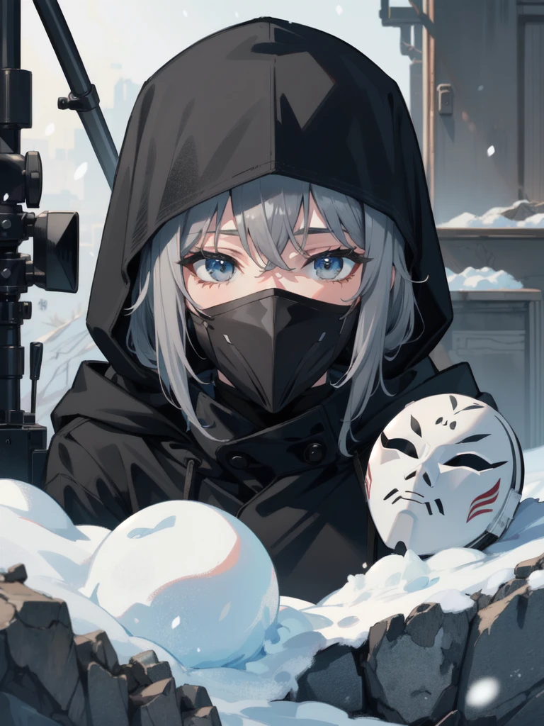((best quality)), ((masterpiece)), (detailed), ((man)), ((sniper)), (hair color-ash gray), (black hood), ((mask up)), (lonley), ((chic)), (snow), (syberfunk)