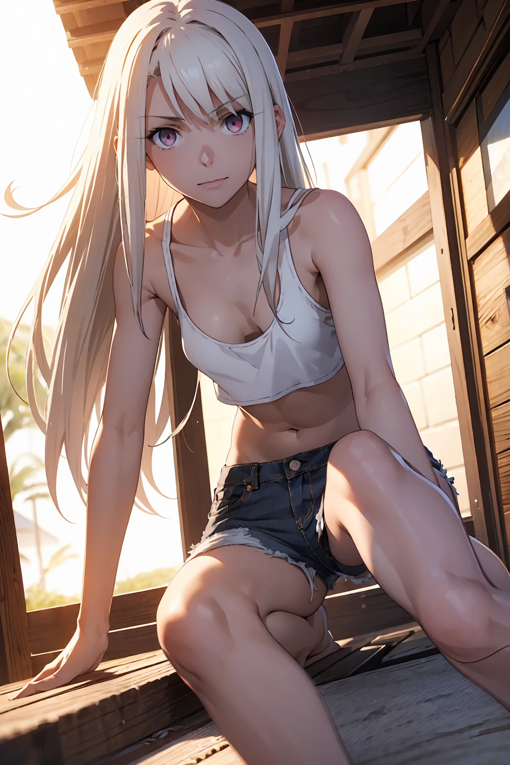 {{Red colored eyes}}++ Browsing Caution (Highest quality:1.5, High resolution, 超High resolution, 4K, Detailed lighting, Shaders)(masterpiece:1.2), Very detailed, Illyasviel von Einzbern {{Red colored eyes}}++ alone, Cowboy Shot,Long Hair, Gray Hair, Red eyes, A small white tank top Denim shorts M-shaped foot sneer Beautiful beach Realistic sun rays topless Completely naked Roll up your shirt Sweat Outdoor
