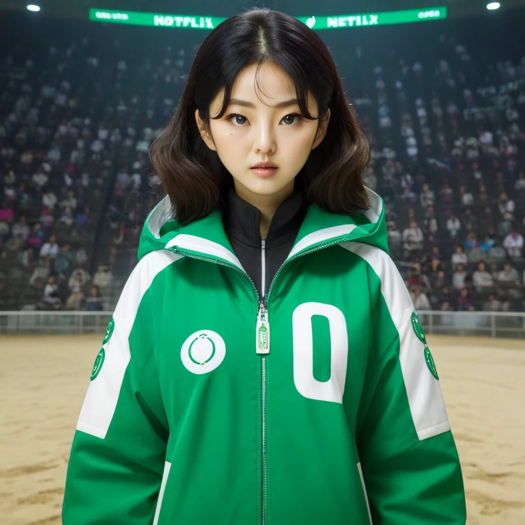 Hoyeon Jung, korean woman, 1 woman wearing green and white jacket, make sure the number 067 on the top left of the jacket, netflix, squid game, Kang Sae-byeok, in a stone arena, front view