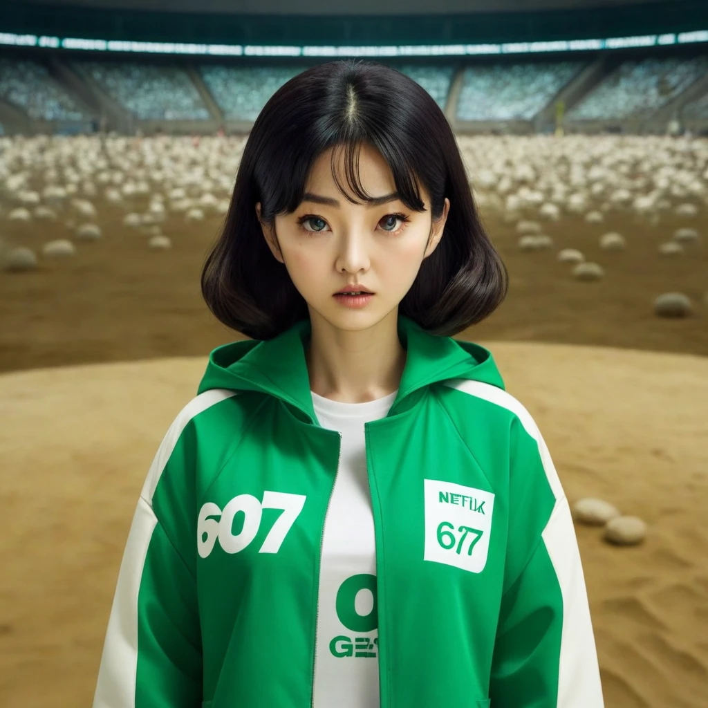 Hoyeon Jung, korean woman, 1 woman wearing green and white jacket, make sure the number 067 on the top left of the jacket, netflix, squid game, Kang Sae-byeok, in a stone arena, front view