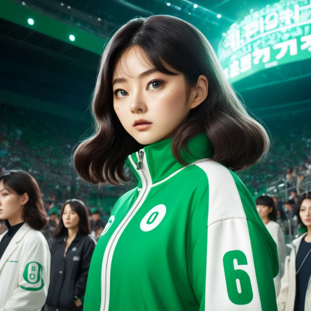Hoyeon Jung, korean woman, 1 woman wearing green and white jacket, make sure the number 067 on the top left of the jacket, netflix, squid game, Kang Sae-byeok, in a stone arena, front view