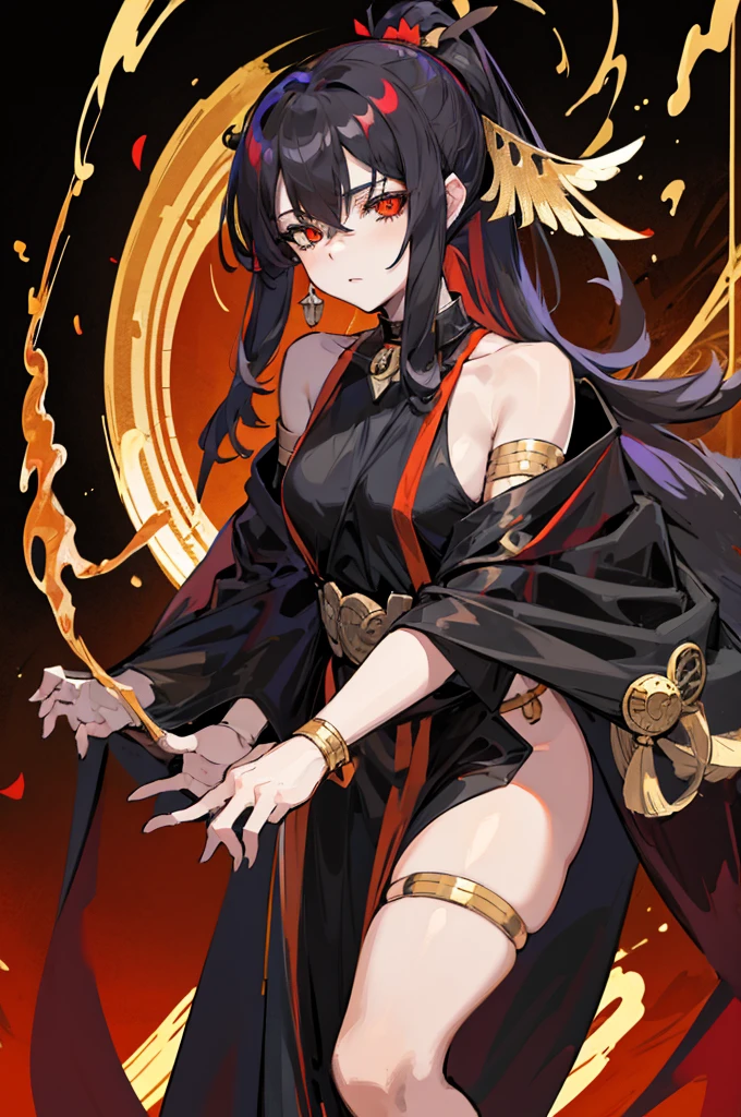 Female, Anime, Heterochromia, Melinoë from Hades II, black long hair, ponytail, greek style toga, "red eye on black sclera", small bust size, "golden eye on white sclera",