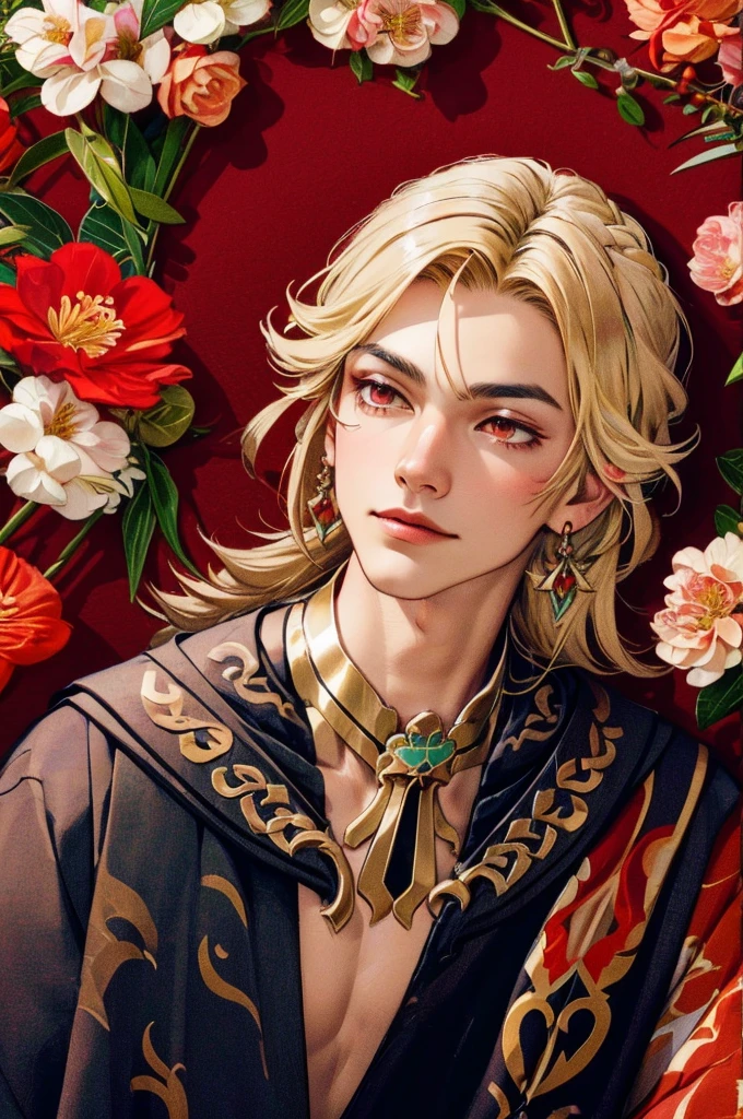 1 adult male solo, blond hair, red eyes, kaveh genshin impact, white top, red and black embroidered details, golden accessories, dark pants, fingerless gloves, feather hair ornament, shiny eyes (​masterpiece),((top-quality)),(offcial art),(Beautiful and indulgent:1.2),(1manin:1.3),Detailed drawing。Vibrant colors。colourfull、highestdetailed ((ultra-detailliert)),(Highly detailed 2D illustrations),((Extremely delicate and beautiful))Super Detail,atmosphric perspective，dust particle, iridescent light, water drops on flowers and plants, light summer rain, rainbow light, glowing, surrounded by dark red lily flowers, (((portrait face closeup, soft calm smile, flowers in his hair)))