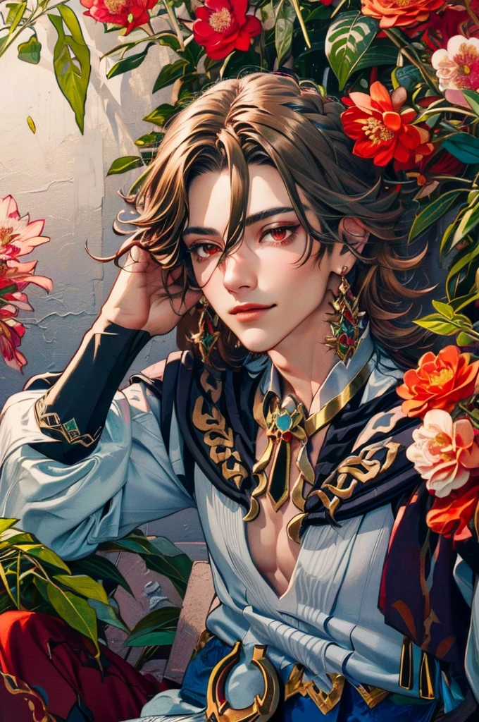 1 adult male solo, blond hair, red eyes, kaveh genshin impact, white top, red and black embroidered details, golden accessories, dark pants, fingerless gloves, feather hair ornament, shiny eyes (masterpiece),((top-quality)),(offcial art),(Beautiful and indulgent:1.2),(1manin:1.3),Detailed drawing。Vibrant colors。colourfull、highestdetailed ((ultra-detailliert)),(Highly detailed 2D illustrations),((Extremely delicate and beautiful))Super Detail,atmosphric perspective,dust particle, iridescent light, water drops on flowers and plants, light summer rain, rainbow light, glowing, surrounded by dark red lily flowers, (((portrait face closeup, soft calm smile, flowers in his hair)))