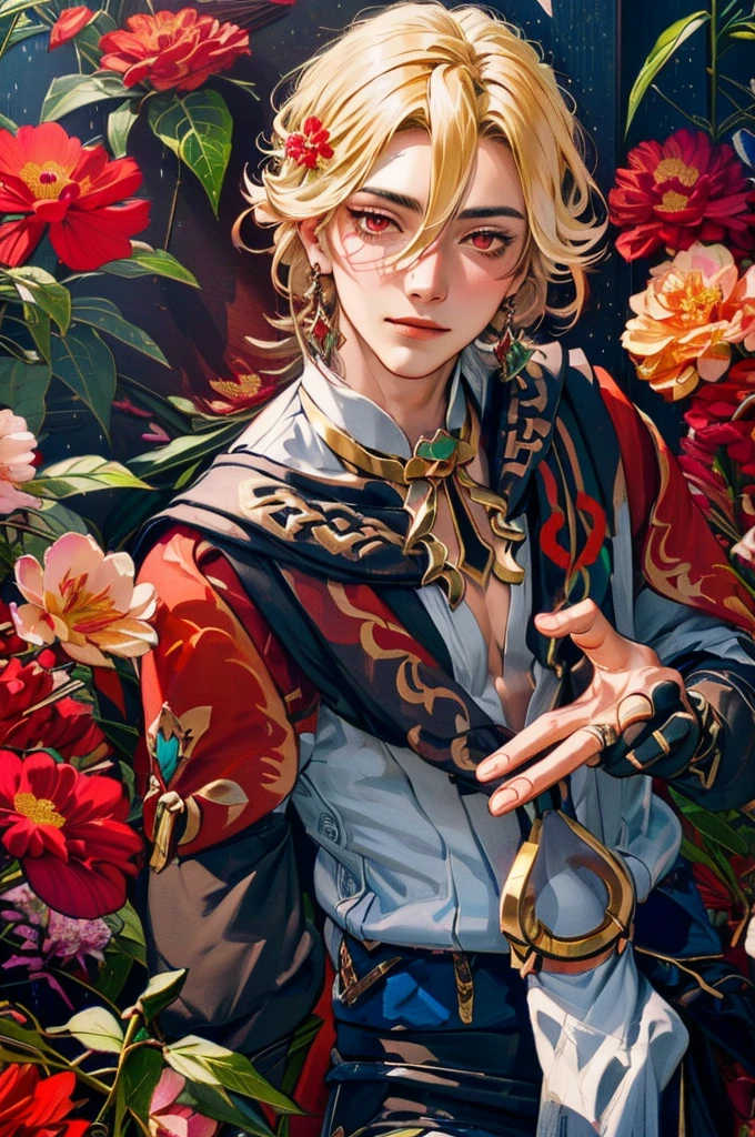 1 adult male solo, blond hair, red eyes, kaveh genshin impact, white top, red and black embroidered details, golden accessories, dark pants, fingerless gloves, feather hair ornament, shiny eyes (​masterpiece),((top-quality)),(offcial art),(Beautiful and indulgent:1.2),(1manin:1.3),Detailed drawing。Vibrant colors。colourfull、highestdetailed ((ultra-detailliert)),(Highly detailed 2D illustrations),((Extremely delicate and beautiful))Super Detail,atmosphric perspective，dust particle, iridescent light, water drops on flowers and plants, light summer rain, rainbow light, glowing, surrounded by dark red lily flowers, (((portrait face closeup, soft calm smile, flowers in his hair)))