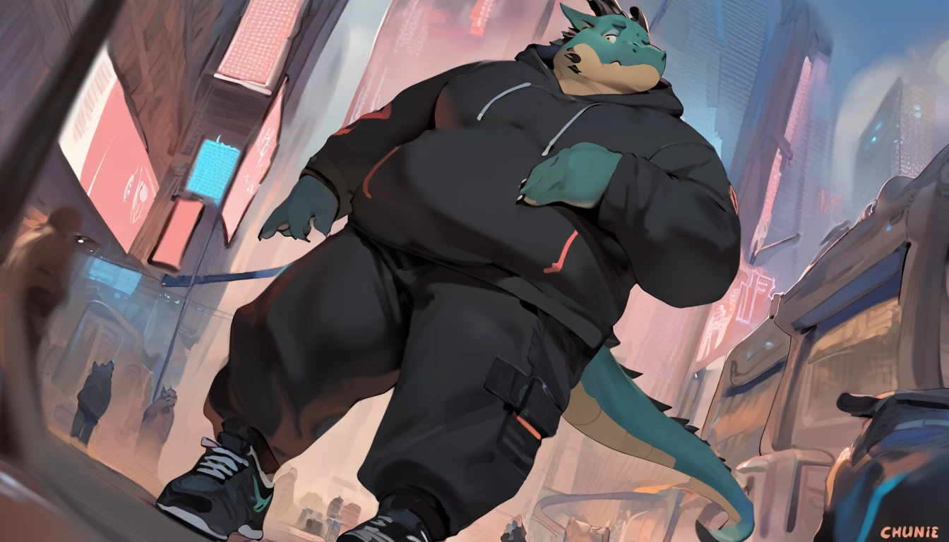 Dragon, male, adult, furry, anthro, fat, chubby, plump, cyberpunk fashion style, wearing black Hoodie, Long trousers, sneakers, out camera view, detailed background, colour full, In the middle of the city, Modern era, three point perspective, by quanjiang ,by chunie