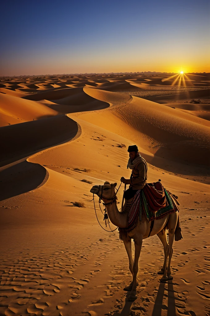 Camel warrior in cartoon over the desert at sunset