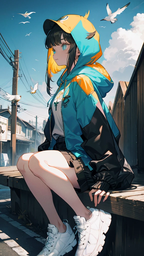 Masterpiece, intricately details,Best quality, 1girll, Solo, Bird, Hood, Sitting, Long hair, shoes, Jacket, blackfootwear, Hood down, animal on shoulder, whaite hair, Animal, blue jacket, Sneakers, sign, Cloud, bangs, Long sleeves, From the side Side, Hoodie, profile, Outdoors, bird on shoulder, sky, jaqueta com capuz