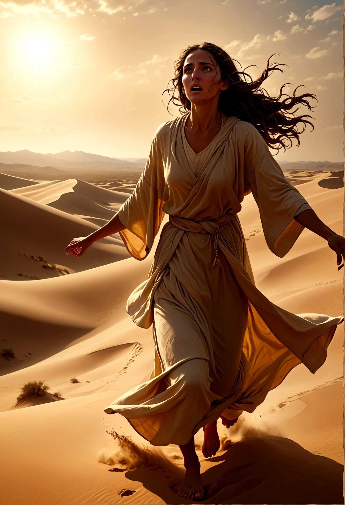 a woman from the tribe of israel running on foot behind jesus and throwing herself at his feet, detailed portrait, intricate details, hyperrealistic, high contrast, dramatic lighting, cinematic, chiaroscuro, dramatic pose, intense emotion, biblical, religious, desert landscape, sand dunes, warm color palette, glowing skin, flowing robes, dust swirling, tears streaming, hands upraised, deep shadows, dramatic highlights, masterful rendering