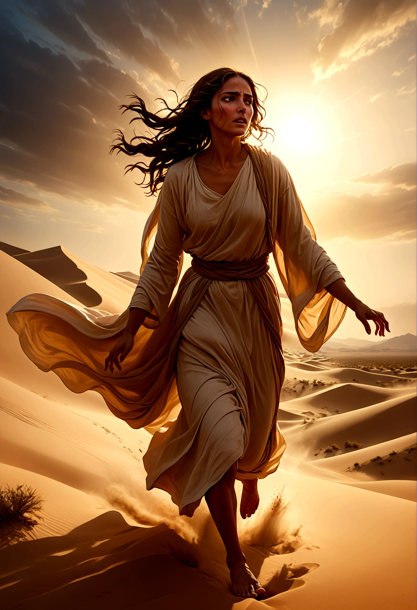 a woman from the tribe of israel running on foot behind jesus and throwing herself at his feet, detailed portrait, intricate details, hyperrealistic, high contrast, dramatic lighting, cinematic, chiaroscuro, dramatic pose, intense emotion, biblical, religious, desert landscape, sand dunes, warm color palette, glowing skin, flowing robes, dust swirling, tears streaming, hands upraised, deep shadows, dramatic highlights, masterful rendering