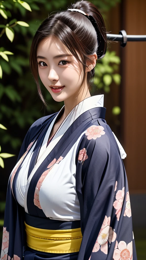 NSFW、最high quality、high quality、best image quality、8K、最High resolution、High resolution、最high quality、masterpiece、extreme close up portrait、RAW photo、realistic atmosphere、cleavage:1.4, big breasts:1.4(detailed face)、(fine hands、thumb１reference４)、(beauty of japan )、very nice face、cute face、((beautiful japanese girl))、(japanese woman), ((22 year old beautiful girl))、(glossy black hair)、(straight long hair)、(ponytail)、whole body、medium body、(shiny skin)、(Fair skin, Glossy skin)、real human skin、realistic human body structure、perfect body， perfect face， perfect hands， perfect fingers， perfect lips， perfect eyes，perfect teeth、perfect background， perfect atmosphere， natural soft light、photon mapping、japanese samurai、japanese samurai、Japanese swordsman、((Japanese female samurai holding a Japanese sword))、(girl wearing japanese samurai costume)、warrior girl、Japanese sword、japanese traditional、((Japanese sword(gently curved long sword))、Inspired by Miyamoto Musashi、Inspired by Oda Nobunaga、Inspired by Sengoku warlords、((A girl holding a sharp Japanese sword))、((Transparent random color metallic with floral pattern(samurai kimono、Hakama with slit))、A dynamic stance that reflects the swordsmanship cultivated as a samurai.、stance of unsheathing、Attitude without presence