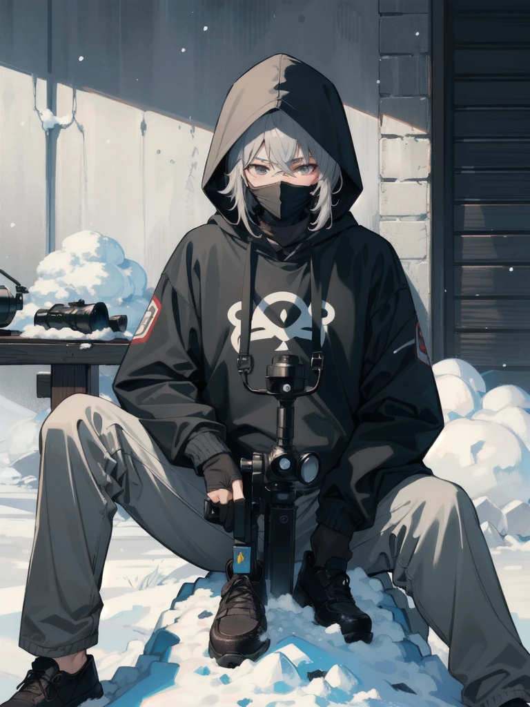 ((best quality)), ((masterpiece)), (detailed), ((man)), ((sniper)), ((hair color-ash gray)), ((black hood)), ((mask up)), ((lonley)), ((chic)), ((snow)), ((syberfunk))