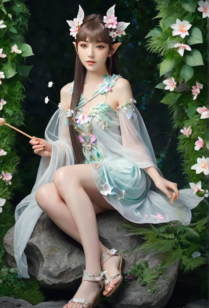 beautiful Japanese elf, (elf ears)perfect and angelic face, long hair, (decorated with flowers) fringe, full body, holding a fan, wearing a beautiful short tight dress made of leaves,she's gracefully sitting on stone surrounded by sparkling flowers (high quality),(refined details)