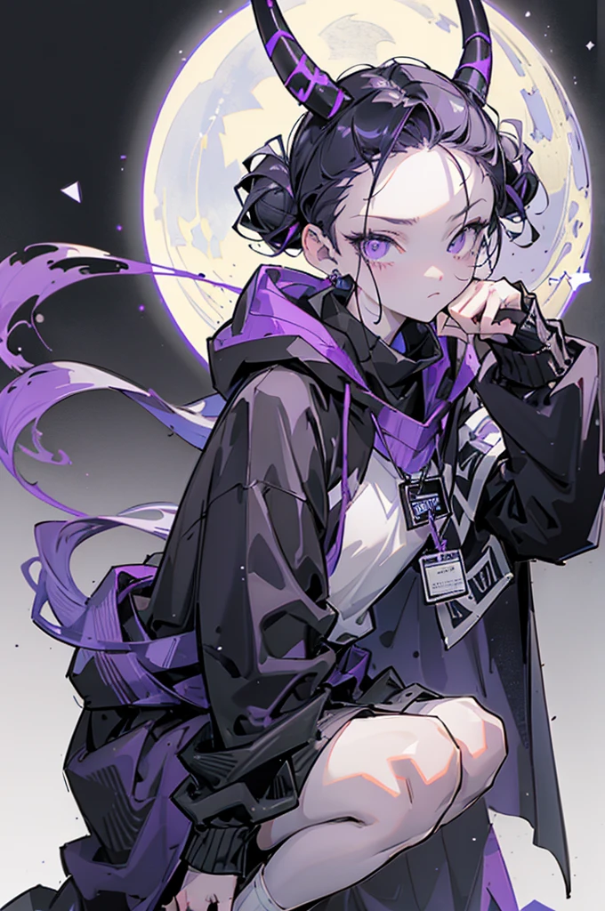 boy. thoughtful look. open forehead. black and purple hair tied in a bun on the left side to one side. sinuous black horns wrapped in dark purple ribbon. pale violet eyes. in short dark purple shorts. long white T-shirt. dark purple knee-high socks. dark purple long cloak with hood. view from the 100th floor of a cozy room in shades of gray, moon, starry sky. saturation RGB 100%