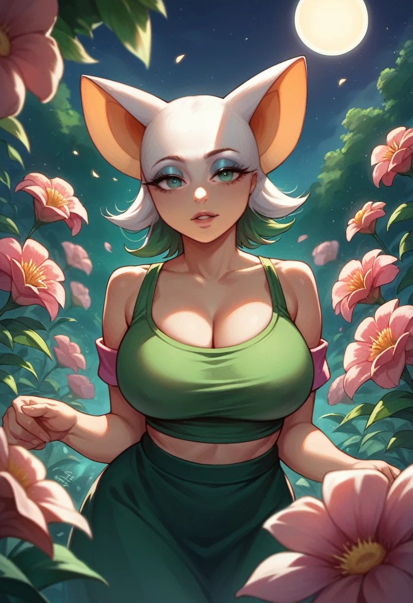 realistic, 1girl, Fubuki, green hair, green eyes, big round breasts, pure white skin, shining eyes, dark green crop top, dark green skirt, parted lips, rouge, night, flowers, sun, sunshine